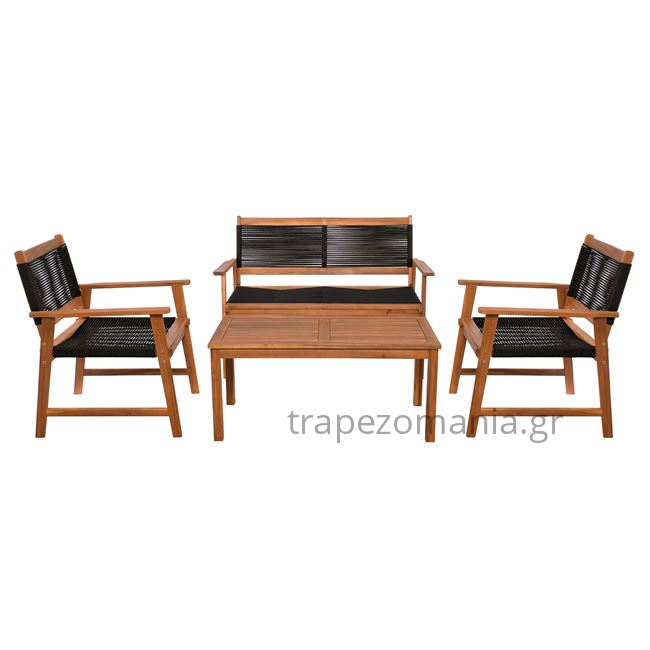 SPRING Set Σαλόνι Κήπου Ακακία Φυσικό, Wicker Μαύρο Τραπέζι + Καναπέ 2Θέσιο + 2 Πολυθρόνες