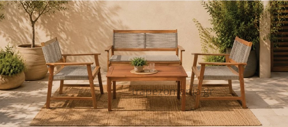 SPRING Set Σαλόνι Κήπου Ακακία Φυσικό, Wicker Μπεζ Τραπέζι + Καναπέ 2Θέσιο + 2 Πολυθρόνες